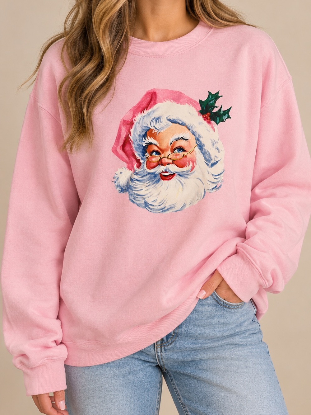 Gildan Pink Santa Graphic Crewneck Sweatshirt